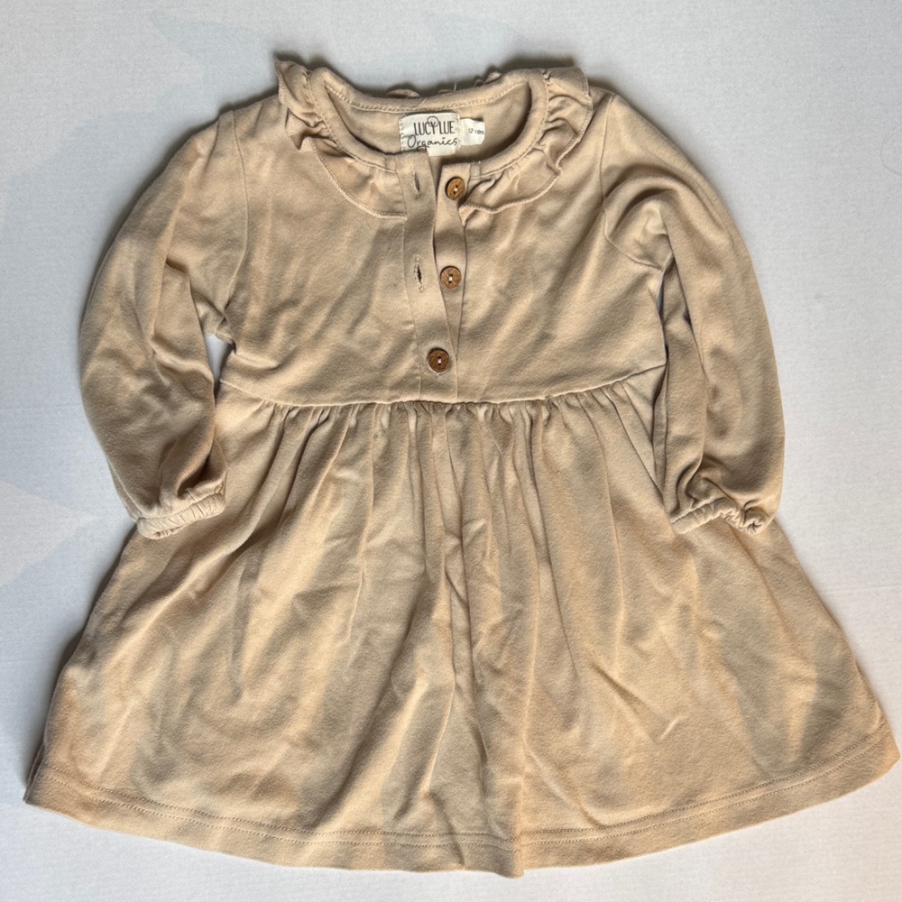 Lucy Lue Beige organic cotton Long Sleeve Dress with Ruffle Collar